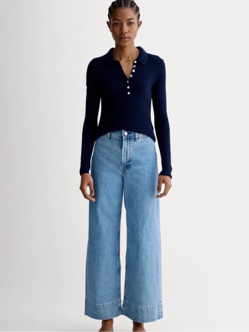 Everlane Navy Top with Light Blue Wide-Leg Jeans